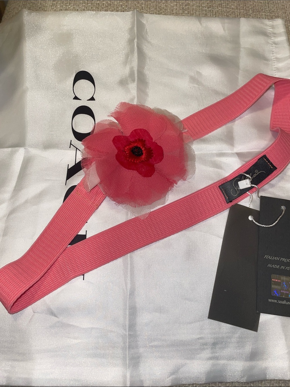 NWT Soallure Pink Floral Elastic Waist Belt with Layered Applique